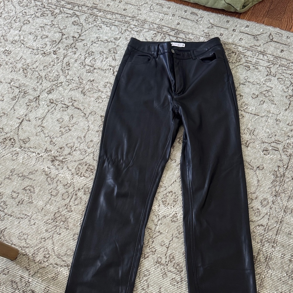 Black Faux Leather Straight leg split hem pant